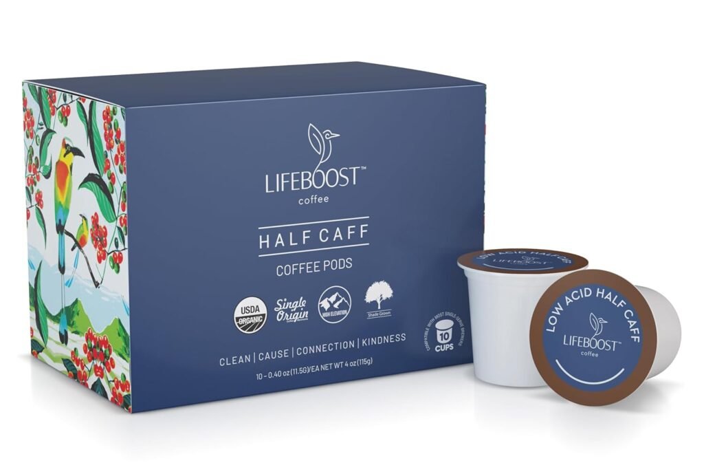 Lifeboost Half Caff Coffee K Cups - Low Acid Half Caff Coffee Pods