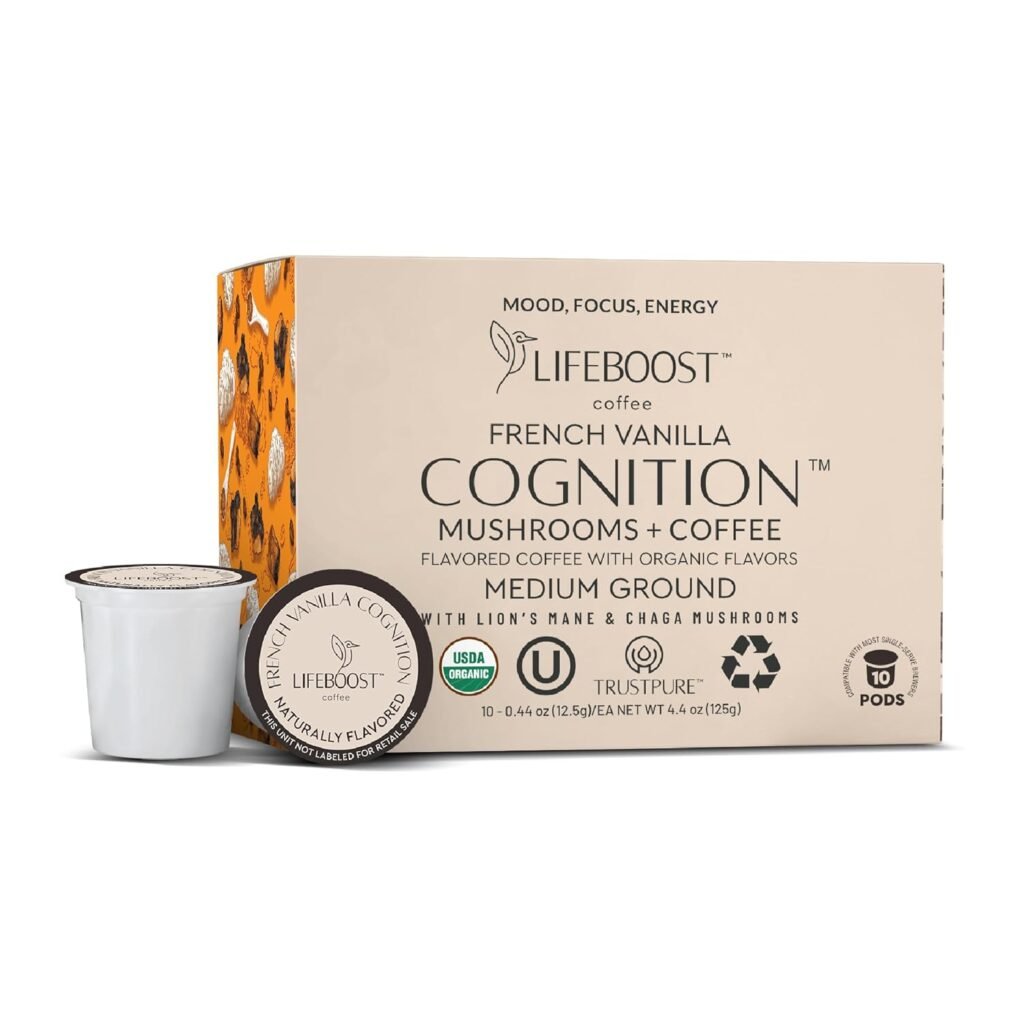 Lifeboost French Vanilla Cognition Mushroom Coffee Pods - Low Acid Organic K-Cups