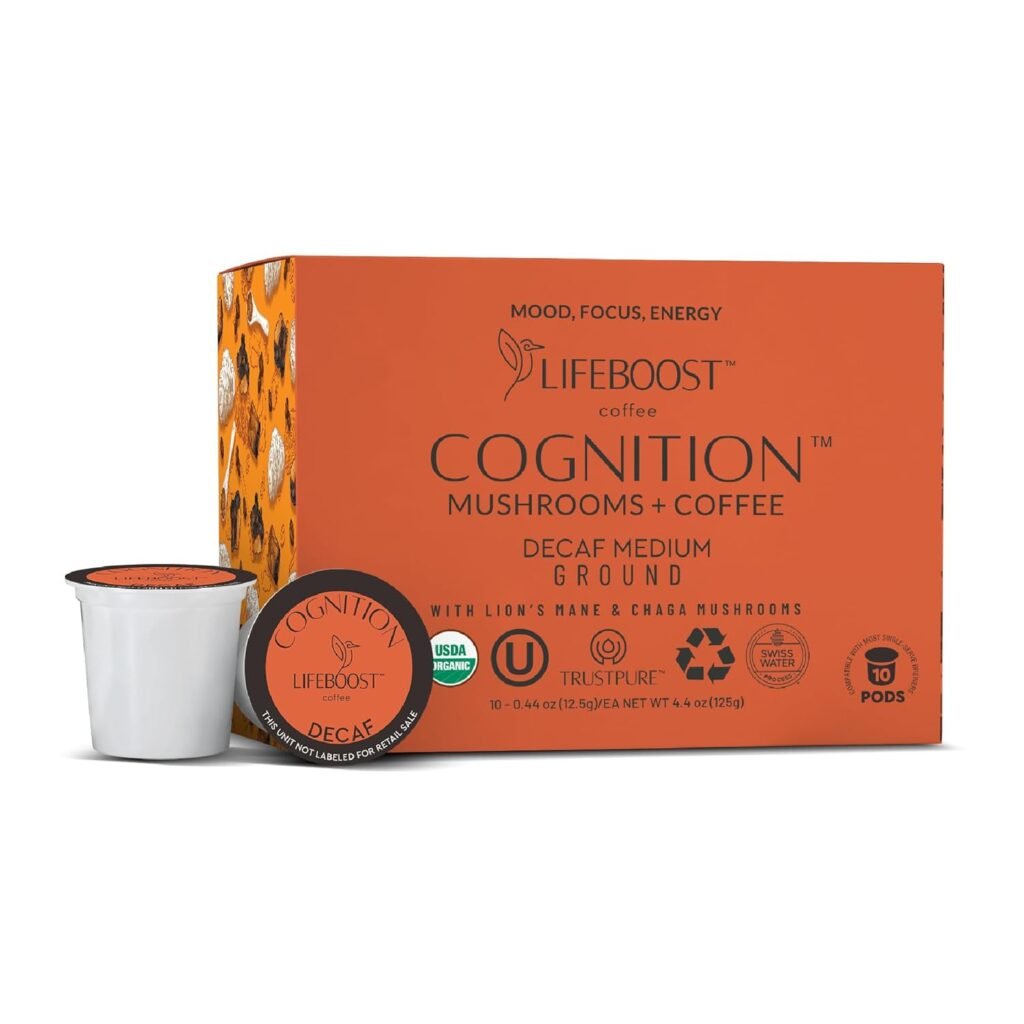 Lifeboost Cognition Decaf Mushroom Coffee Pods – Organic Low Acid Decaf K-Cups 